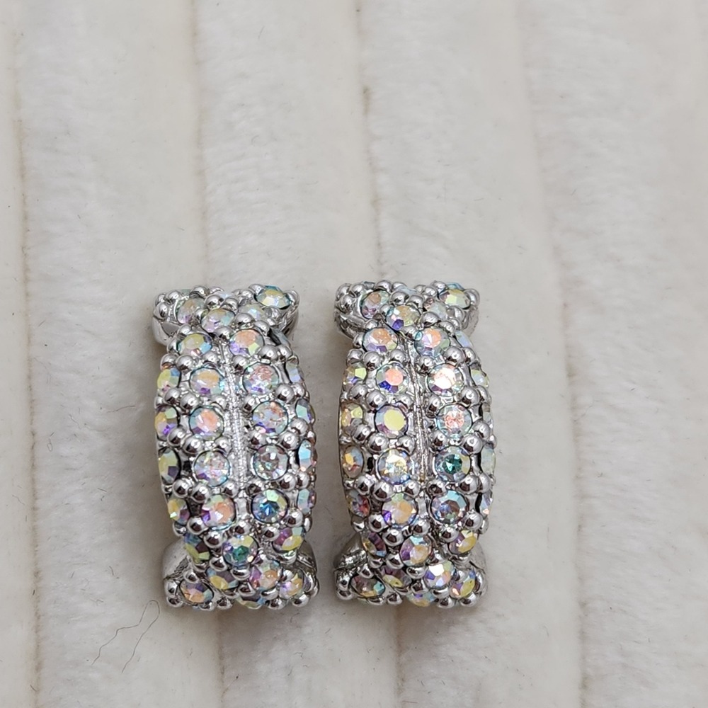 Iridescent Swarovski AB Crystal Pave Silver Tone J Hoop Earrings Prom Glam